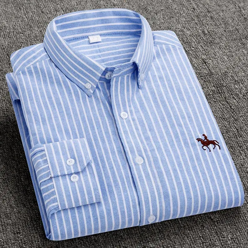921 Blue Stripe Мужская рубашка в Оксфордском стиле из хлопка размера плюс 4XL, Однотонная рубашка на пуговицах с длинным рукавом высокого качества для деловых мужчин, умная Повседневная рубашка - Цвет: 921 Blue Stripe