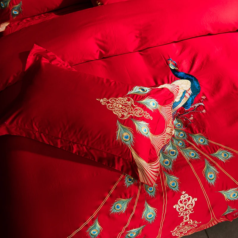 

New Red Luxury 1000TC Egyptian Cotton Chinese Style Wedding Bedding Set Peacock Embroidery Duvet Cover Bed Sheet Pillowcases