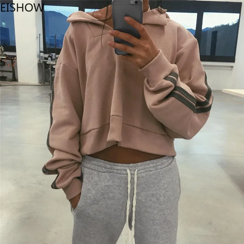 EISHOW 2019 женские пуловеры стильные короткие в полоску с капюшоном шапка