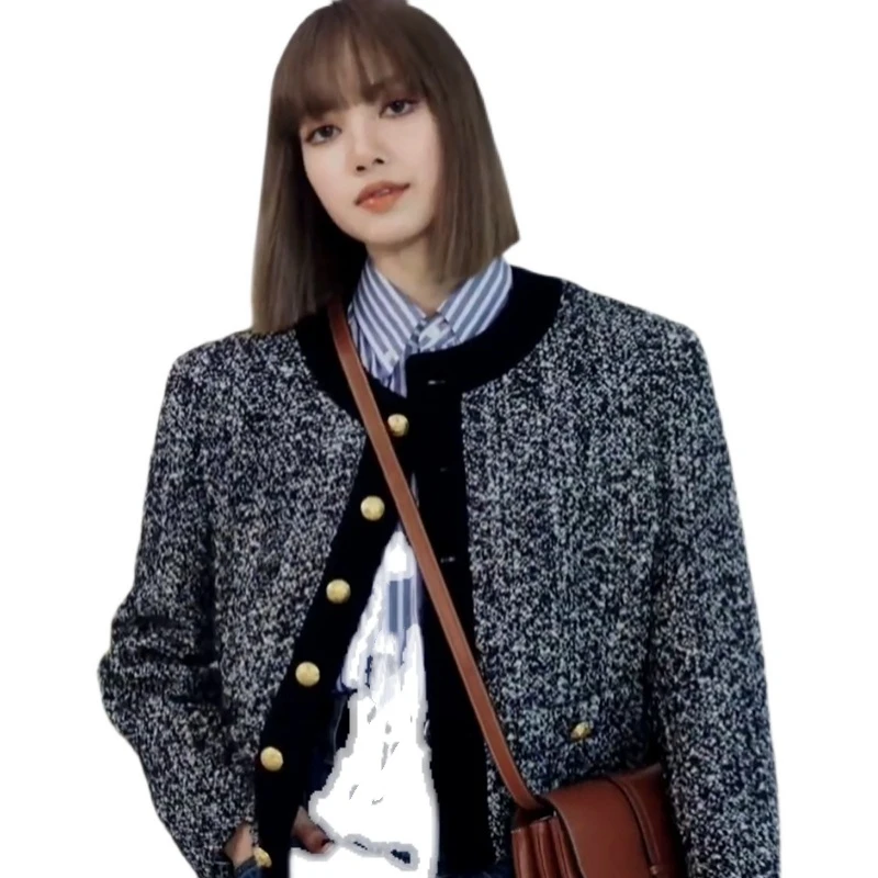 

Kpop Korea Celebrity LISA Fashion Women's Small Fragrance Long Sleeve Wool Tweed Coat Vintage Cardigan Short Gray Woolen Jackets