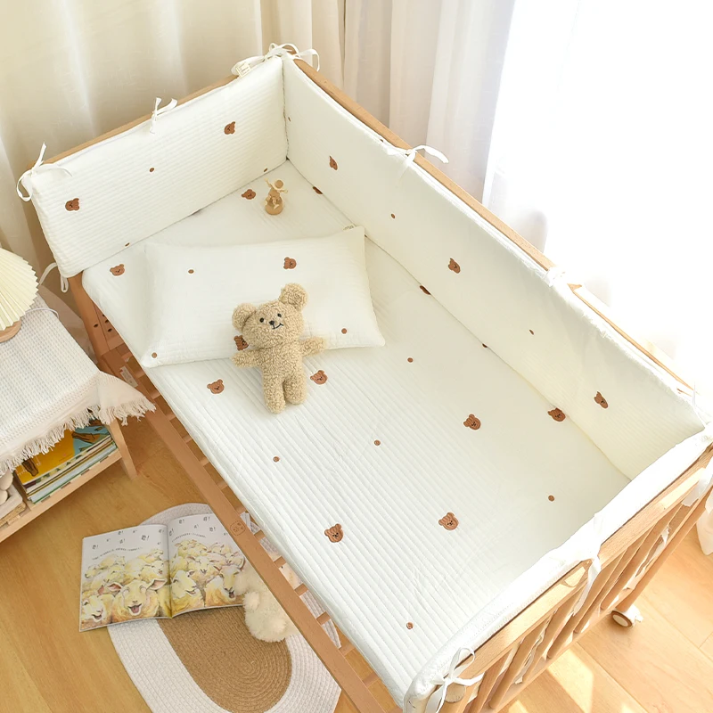 

3PCS Baby Crib Bed Bumper Pillow Bear Cherry Embroidered Cotton Quilted Cot Bumper Baby Head Protector Baby Bed Fence Guard