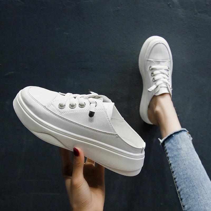 

Cover Toe Med Slippers Casual Female Shoes Slides Platform Luxury 2021 Flat Cross-tied PU Rubber Flat Shoes Female Woman's Slipp
