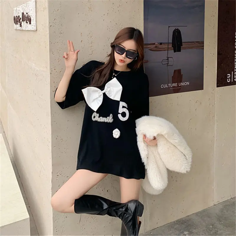 

Short sleeve T-shirt women's 2021 summer new loose thin bow mid length casual round neck top
