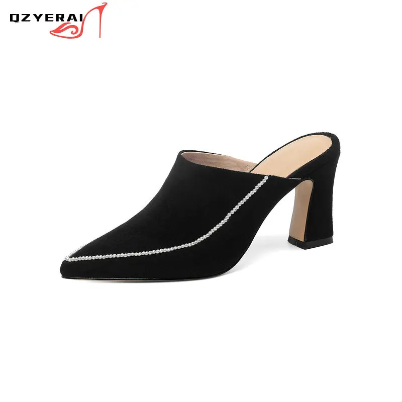 

2021 Faux Suede Slippers Women Summer Shoes Women Fashion Pointed Toe Slides Spike Heels Beige Mules Female Shoes