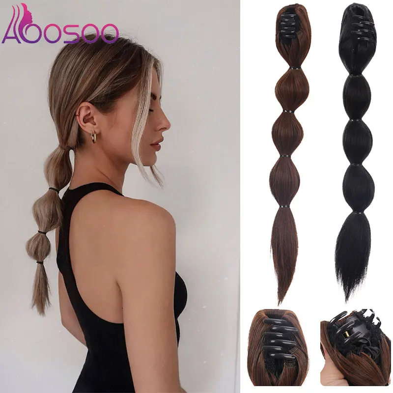 

AOOSOO 18 Inch Synthetic Ponytail Bubble Braid Invisible Grab Clip Twist Braid Women's Short Black Straight Hair