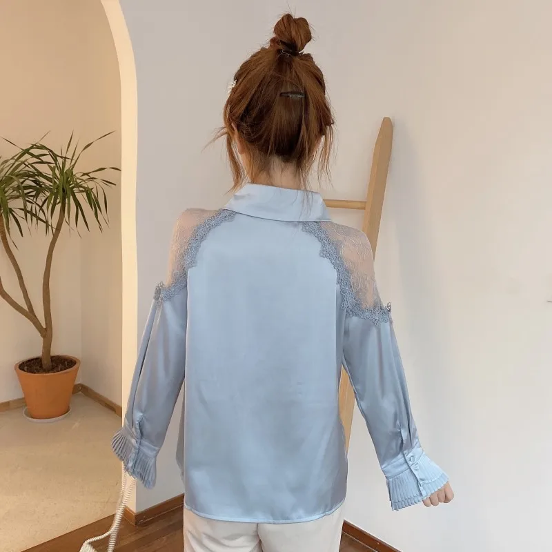 

Sweet Style Blue Hollow Out Women's Clothing Blouses Lace Up Hollow Out Perspective Shirts Korean Clothes Ladies Tops New