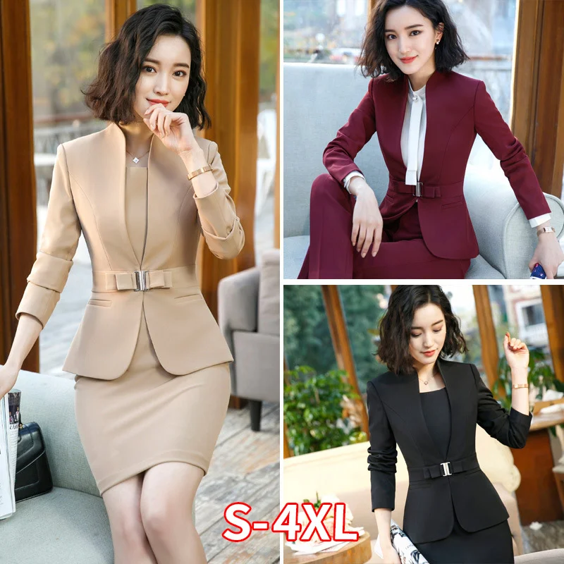 

Formal Office Pant Suit For Womens Blazers Pant Set Long Sleeve Uniform Elegant Feminino Business Formal Work Suit Plus Size 4XL
