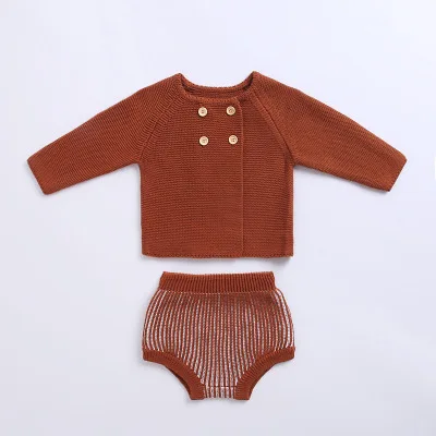 BROWN Suit Комплекты осенне-зимней одежды для малышей милый кардиган для маленьких девочек, детский теплый свитер+ детский Блумер С Рюшами, 2 предмета, вязаная детская одежда - Цвет: BROWN Suit