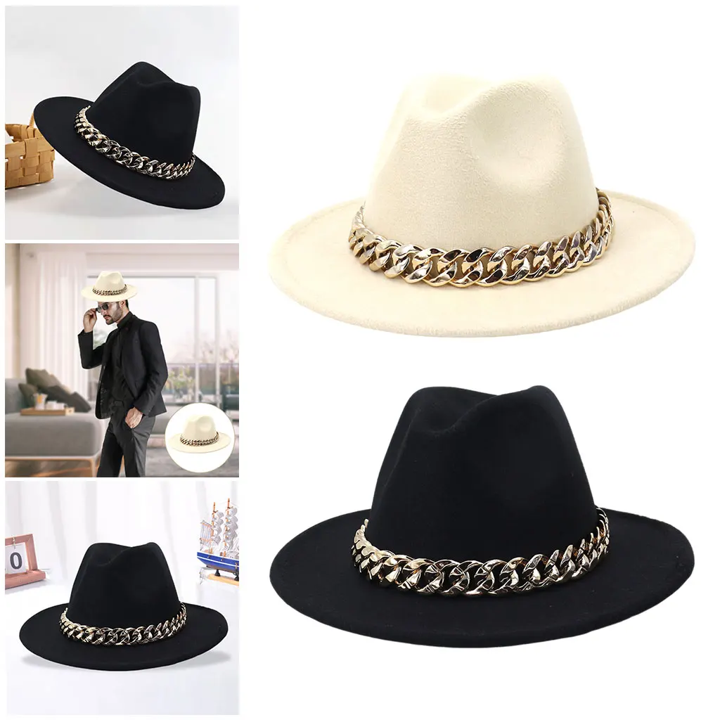 

Wide Brim Fedora Hat with Chain Accent Wide Brim Flat Top Felt Luxury Hat for Women