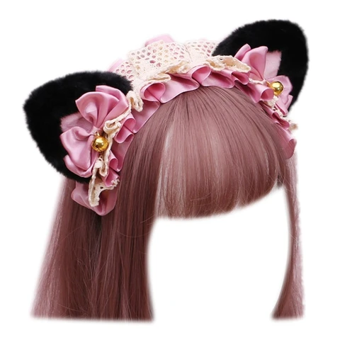 Обруч для волос в виде колокольчика с кружевными оборками и плюшевыми ушками для косплея Лолиты 449F
