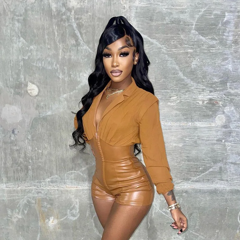 Женский шифоновый комбинезон из ПУ кожи с V-образным вырезом и лацканами |