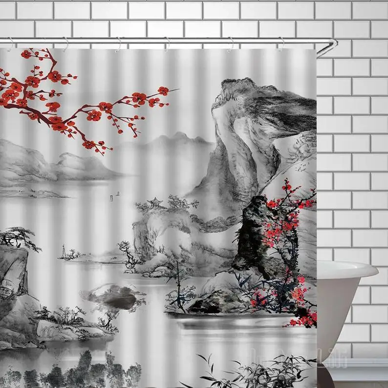 

Japanese Art Shower Curtain Ink Painting Style Abstract Landscape Waterproof Bathroom Decor