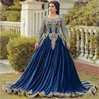 Sevintage, королевский синий марокканский кафтан, мусульманское вечернее платье с длинными рукавами, Дубай, блестящее бархатное платье с кружевной аппликацией