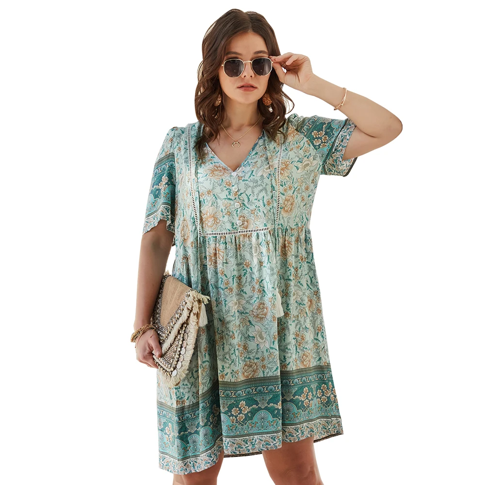 Nuevo 2021 las mujeres de gran tamaño vestido de verano, Vestido de playa, Boho Floral impresión Casual vestido con cuello en V vestido de las señoras vestidos XL-4XL