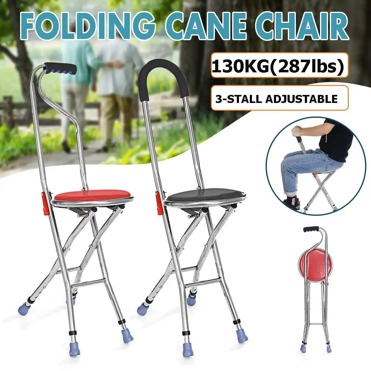 

Folding Cane Chair Elderly Portable Walking Stick Crutch Mobility Aids Adjustable Height Stainless Steel Cane Chair Seat Stool