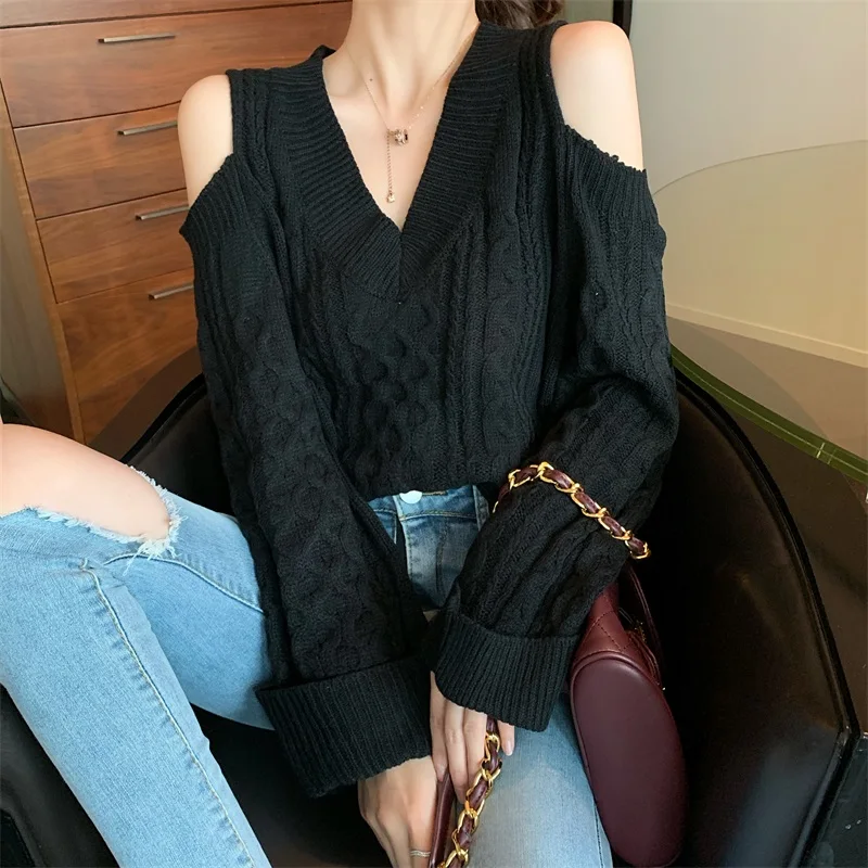 

casual hollow out women sweater off shoulder v-neck pullovers v-neck fashion brand autumn long sleeve loose Korean ulzzang