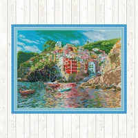the seaside town landscape painting 14ct diy needlework sets for embroidery cross stitch 11ct counted print on canvas home decor