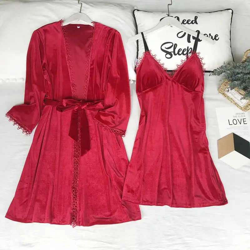Red3 Теплый Бархатный халат, кимоно, одежда для сна, мягкий велюр, женский свадебный халат, ночная рубашка, ночное белье, повседневное банное платье, интимное белье - Цвет: Red3