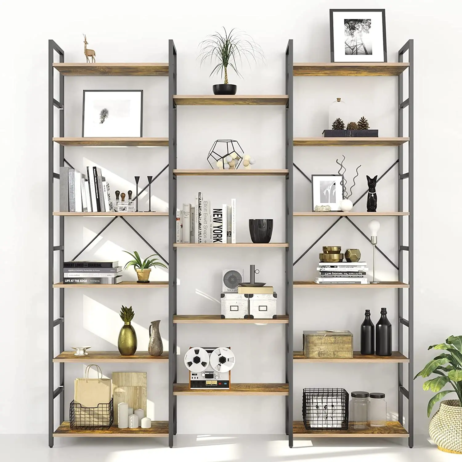 

Sunmthink Triple Wide 6-Shelf Bookcase Industrial Vintage Wood Style Large Open Bookshelves for Home&Office, Rustic Brown