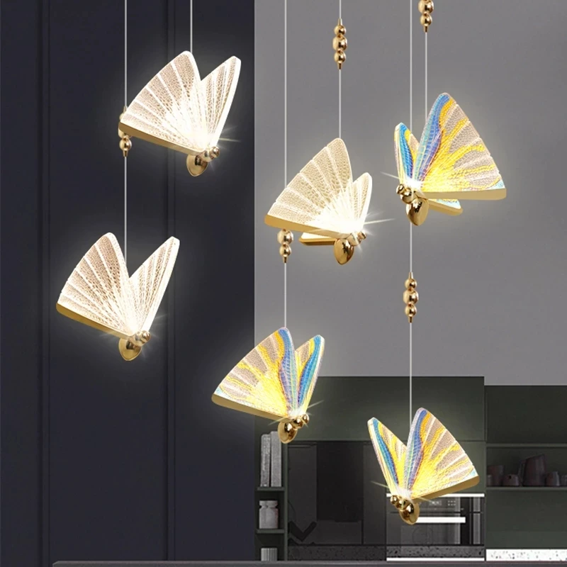 Candelabro de mariposa colorido moderno, iluminación acrílica de lujo para dormitorio, colgante de luz, mesita de noche, art Déco, lámpara de escalera