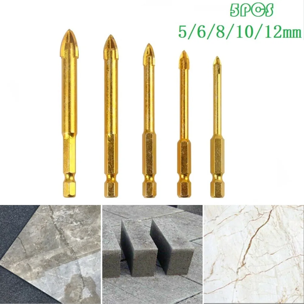 

5Pcs 5/6/8/10/12mm Titanium Ceramic Tile Glass Drill Bits Spear Head Hex Shank Ceramic Brick Wall Hole Opener Drill Bits Wood