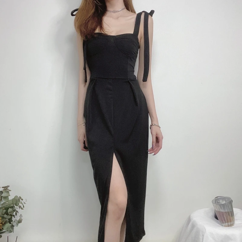

Retro Temperament Bow Strap Bodycon Dress Sexy Slash Neck Split Slim Solid Black Red Dresses Women Spring Summer 2021