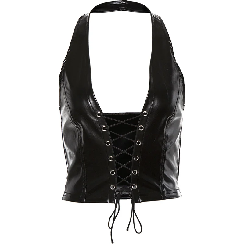 

Kywommnz PU Sexy Short Vest T-shirt Women Halter Sling Strap Hollow Crop Top Summer 2021 E2387