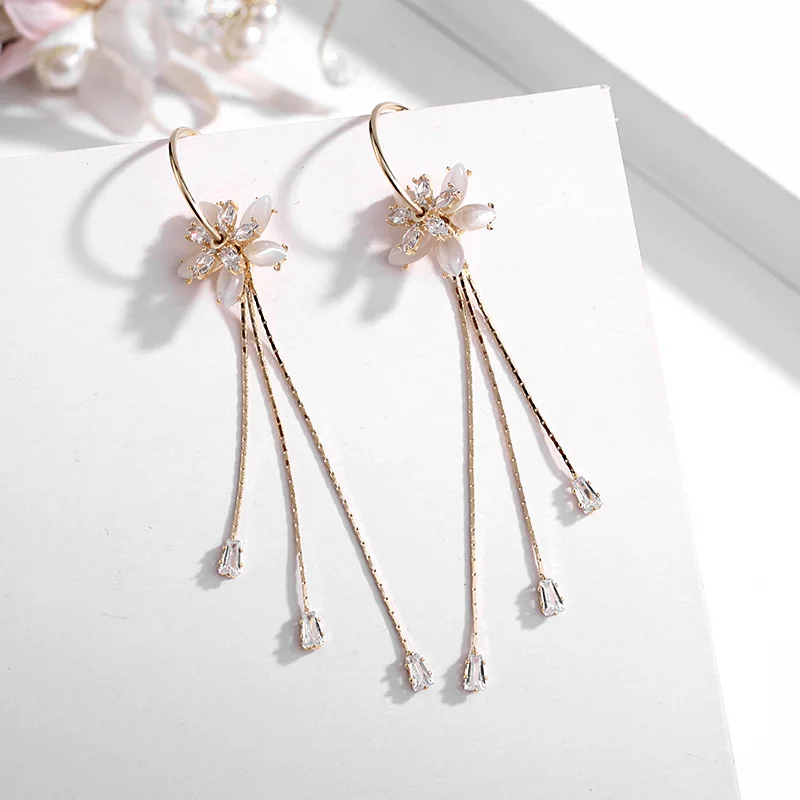 

AJC Women earrings simple Korean fashion creative crystal flowers opal long tassel charm earrings
