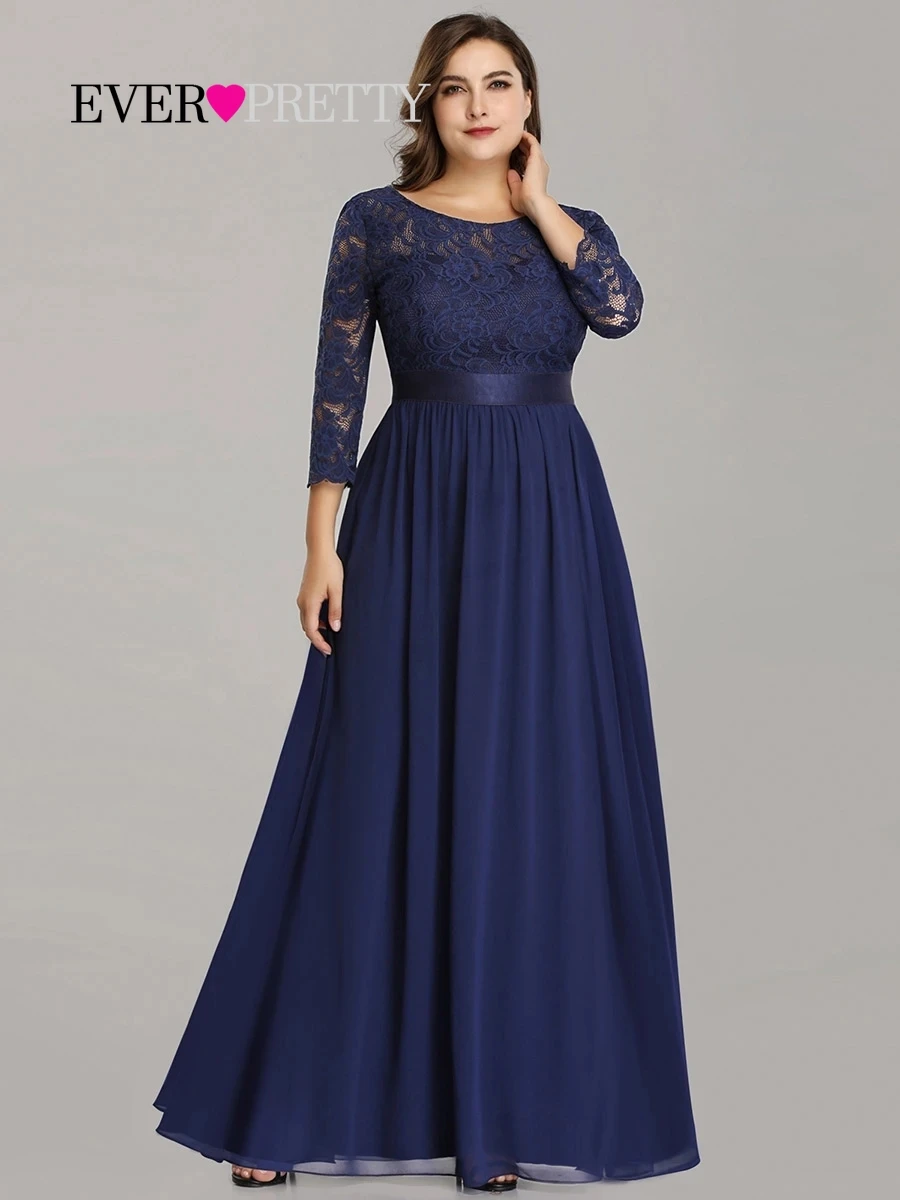 

Женское длинное вечернее платье Ever Pretty, шифоновое темно-синее платье с длинным рукавом, трапециевидного силуэта, с кружевом, для гостей свад...