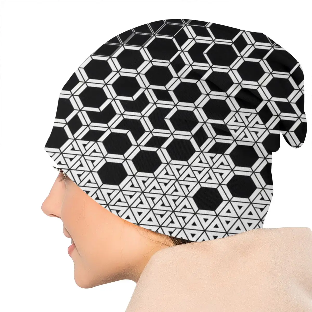 

Black White Diamond Autumn Female Warm Beanies Double Used Casual Bonnet Hats