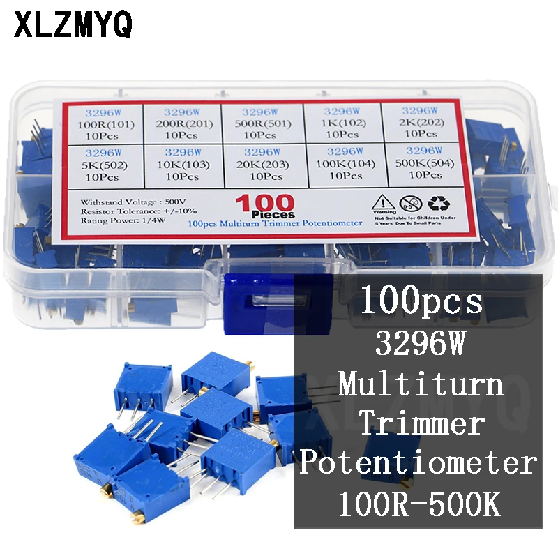 

100pcs 3296W Multiturn Trimmer Potentiometer Kit High Precision Variable Resistor 200R 500R 1K 2K 5K 10K 20K 50K 100K 200K 500K