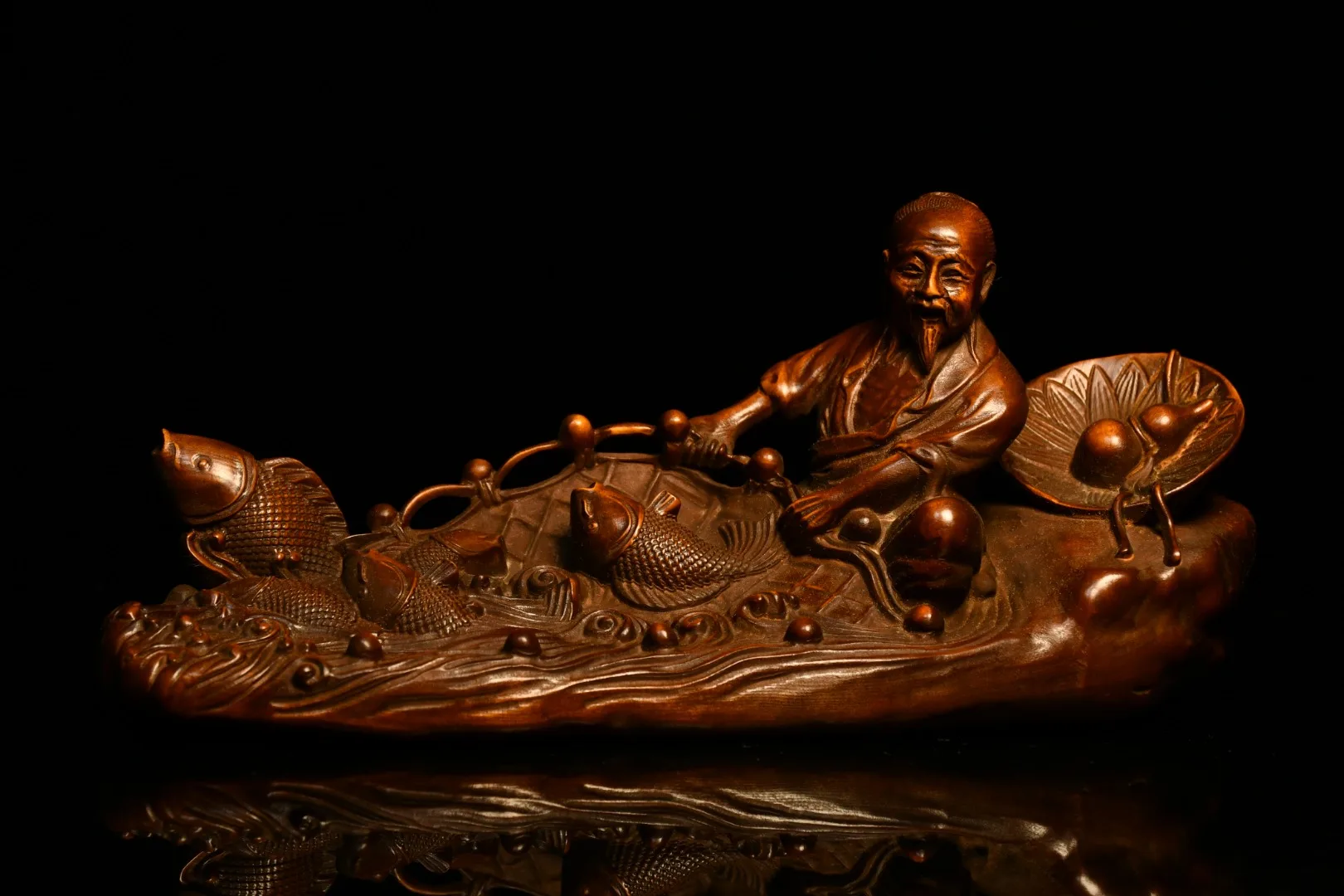 

9"China Folk Collection Old Boxwood Seikos Fisherman statue By boat Fishing More than every year Office Ornaments Town House