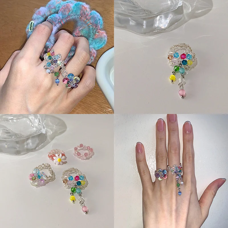 

Origin Summer Korean Fashion Multicolor Crystal Flower Ring for Women Girls Round Bead Long Tassel Index Finger Ring Jewelry
