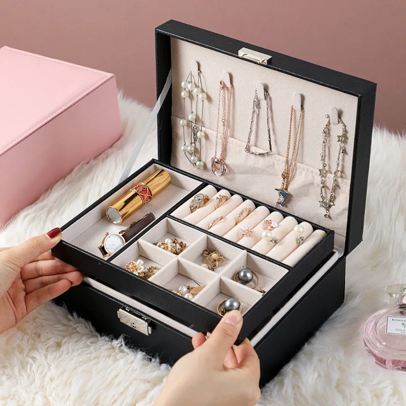 

New Stud Earrings Necklace Storage Box Jewelry Organizer For Small Things Women Double Layer Large PU Jewelry Box With Locks