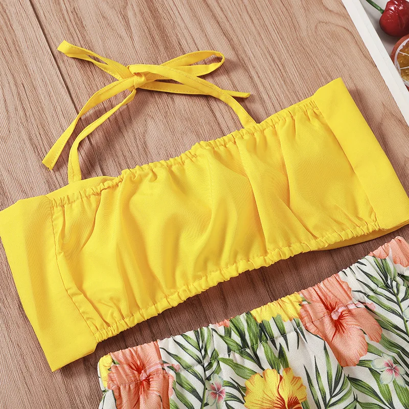 Летний желтый укороченный топ с лямкой на шее для малышей юбка цветочным