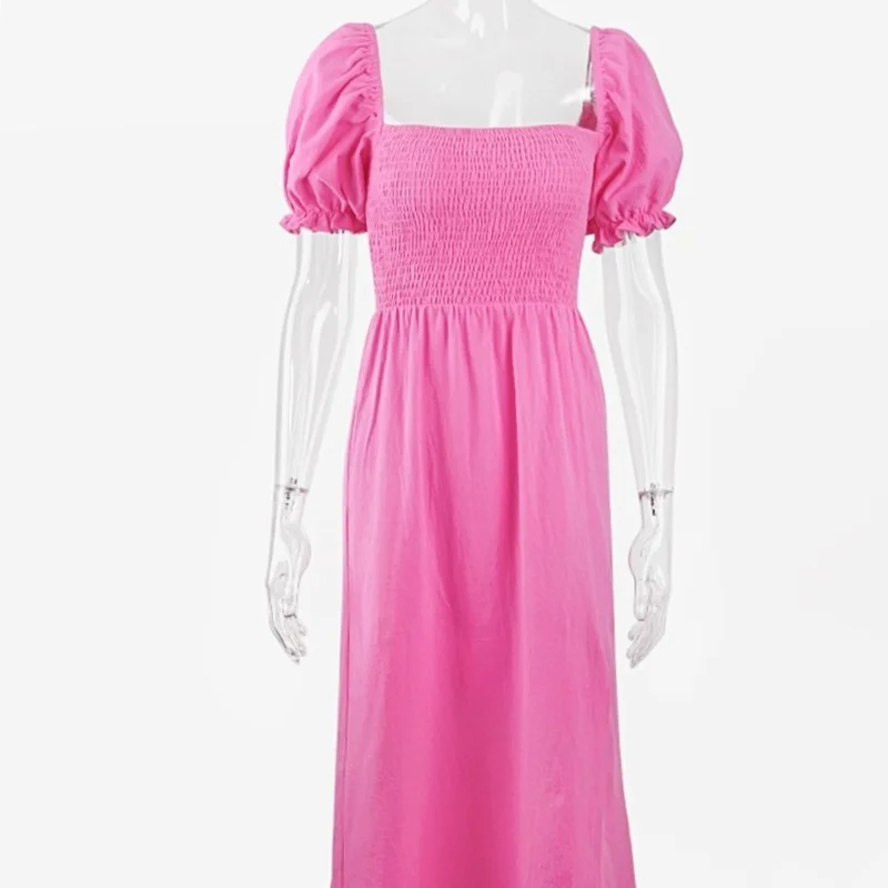 

Summer vestidos Vacation Beachwear Long Dress Linen Solid Color Sexy Split Casual Women's Pullover Short-sleeved One-neck Dress