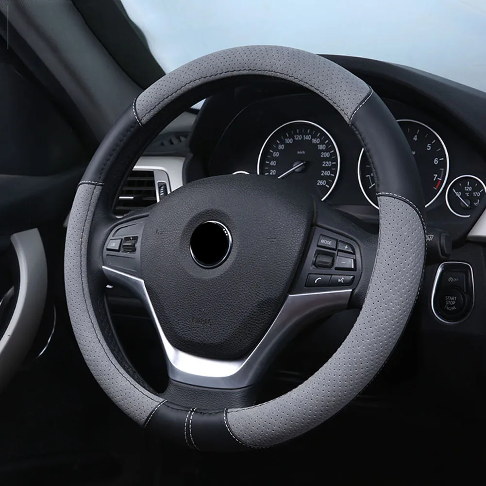 

Breathable Anti-slip Handbrake Car Auto Steering Wheel Cover 38cm Gray Black