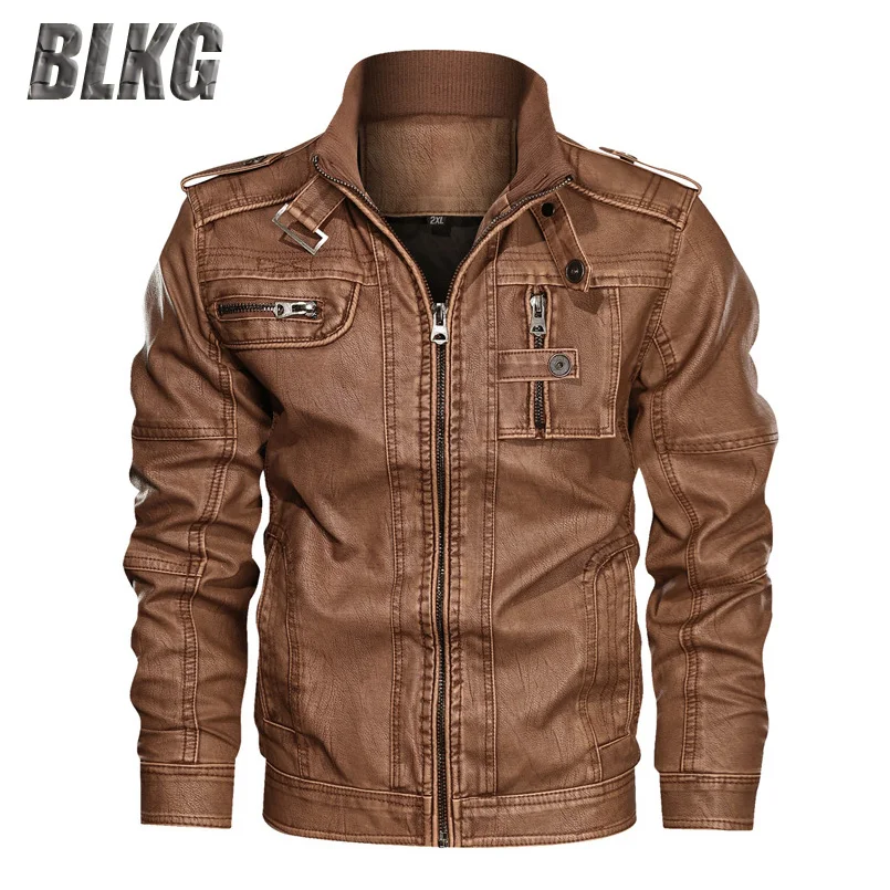 Мужская куртка из искусственной кожи в стиле милитари повседневная с воротником
