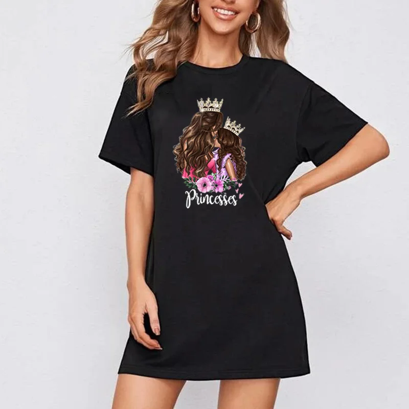 

Women Tshirt Dress Princess Mom&baby Cute Print Summer Short Sleeve O-Neck Party Dresses Loose Casual Mini Plus Size Streetwear