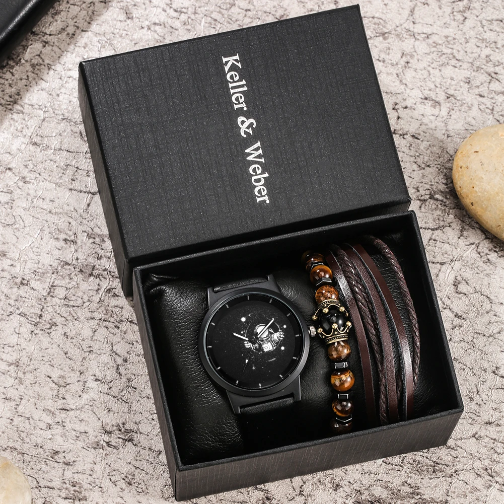 

Fashion Men Watch Bracelet Set Men's Black Mens Casual Watch Spaceman Series-Edifier 3 Pieces Bracelet Best Gift for Man