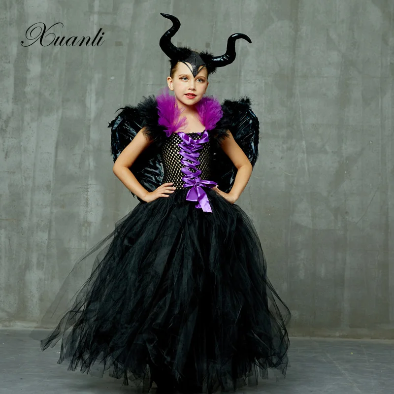 Maleficent/платье-пачка «злая королева» для девочек с роговыми крыльями; костюм ведьмы для косплея; детское праздничное рождественское платье