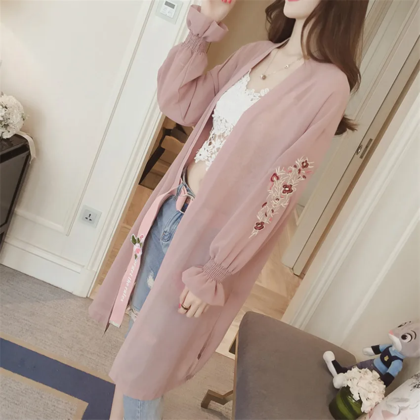 

2021 Fashion Summer Women Embroidery Chiffon Cardigan Blouses Thin Blousas Sun Protection Coat Clothings Lady Beach Shirts 1401