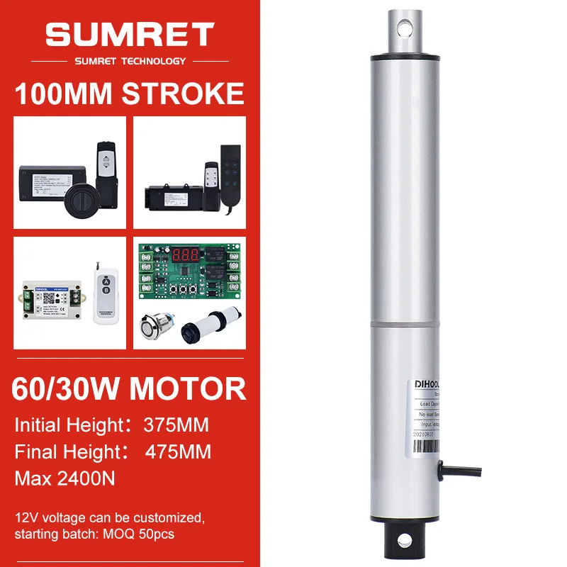 

100mm Stroke Electric Linear Actuators Kit With RF Motor Controller 433hz Remote DC12V 24V 2400N Reciprocate Straight Pen Type
