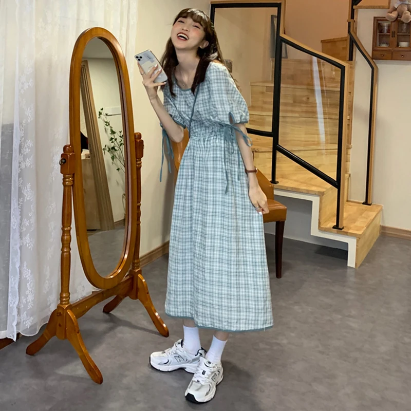 Клетчатое нежное приталенное женское длинное платье, женская суперсказочная темпераментная летняя одежда в стиле мори для студентов