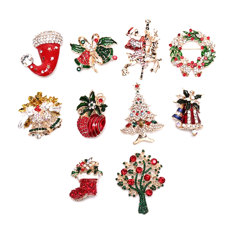 

Creative Crystal Christmas Brooches Santa Claus Christmas Trees Socks Hat Bell Rhinestone Brooches Pins Women Jewelry Gift New