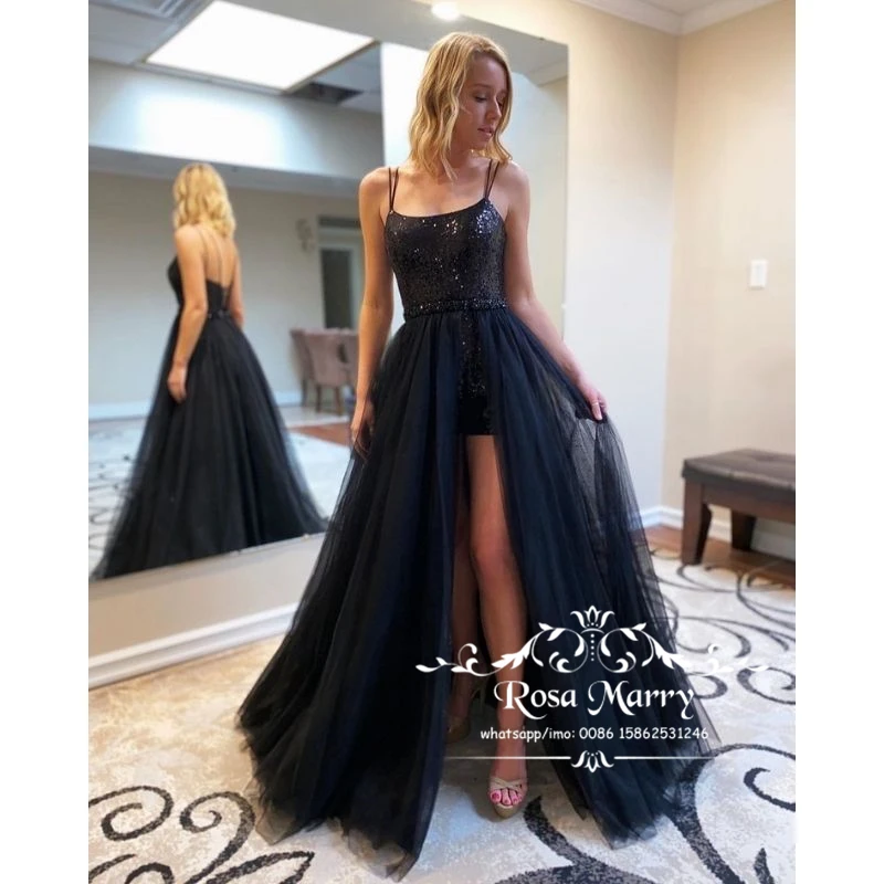

Sparkly Black Sequined Prom Dresses with Detachable Skirt 2021 A Line Plus Size Girls Formal Graduation Evening Party Gowns