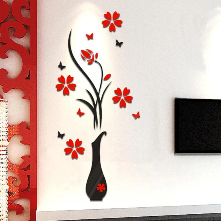 DIY Vase Flowers Tree Crystal Arcylic 3D Wall Stickers Decal Home Decor Living Room Bedroom 3D Decoration Wall Sticker Poster