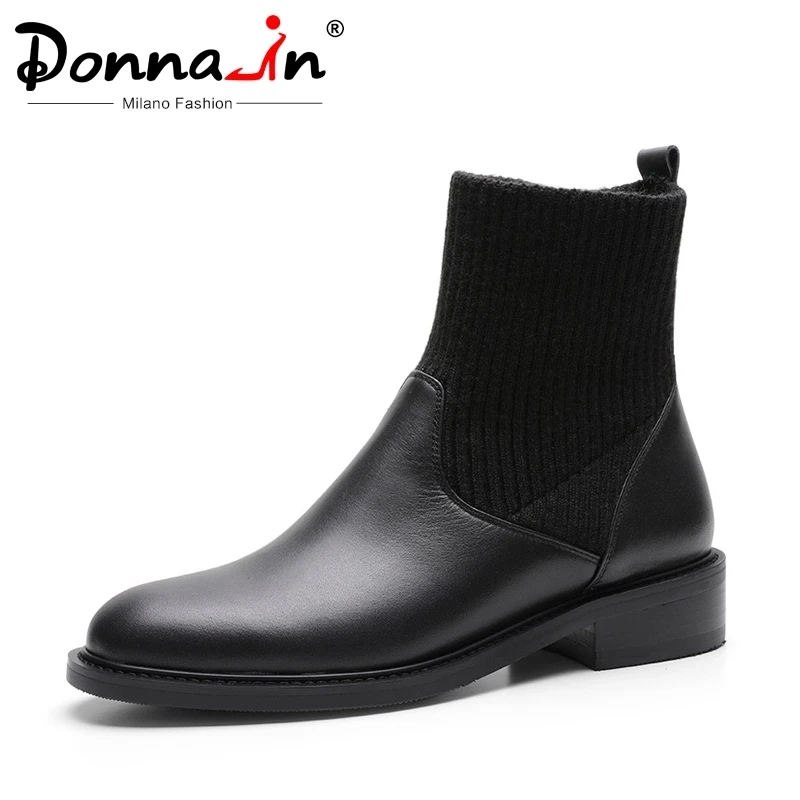 Donna-in/женские ботильоны из натуральной кожи; сезон осень-зима; Теплые повседневные ботинки на низком каблуке с круглым носком на резиновой подошве; женская обувь; Цвет Черный