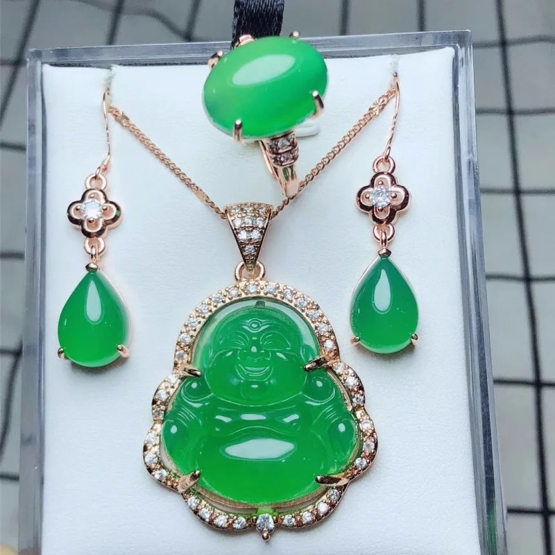 

Natural green jade pendant handmade ring earring with 925 sterling silver sets Buddha jade pendant jade ring jade set 925 set