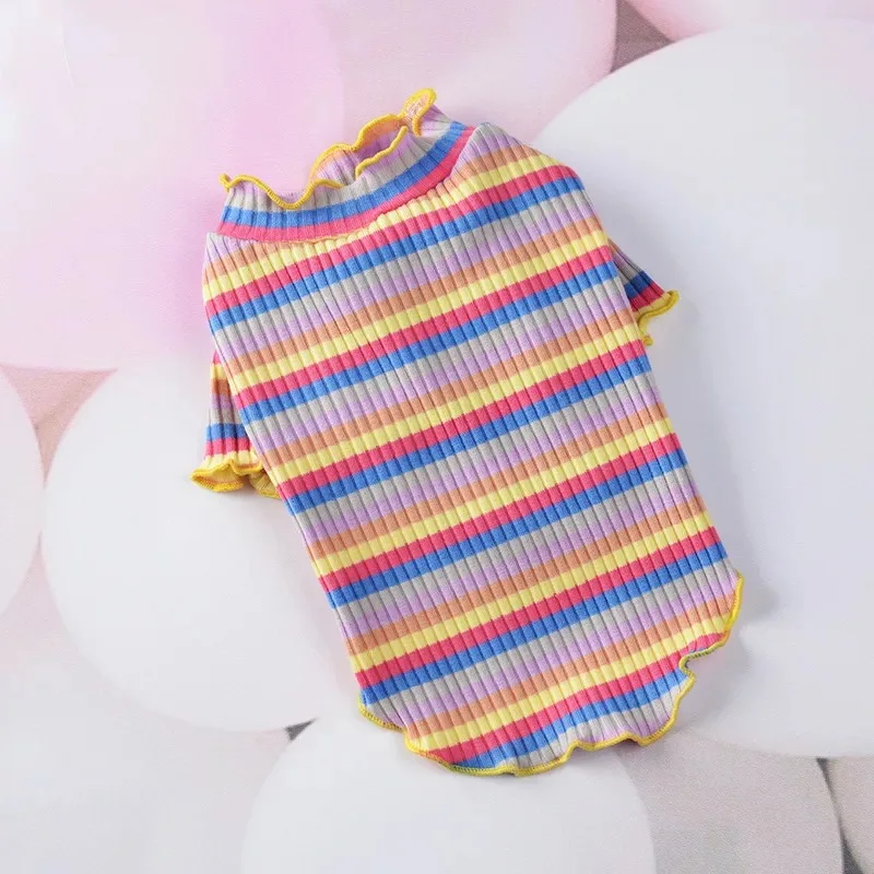 

Puppy Costume Rainbow Vest Striped Dog Clothes Ruffle Collar Female Dogs Shirts Spring Summer Small Pet Chihuahua Knit Sweater